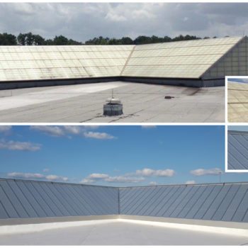 Horizon Intersecting Ridges, (4) 34’ x 25’, 8/12 Pitch. Glazing: 20mm Opal IR Standing Seam Multiwall Polycarbonate Skin System, FRP Replacement. Finish: Clear Anodize.